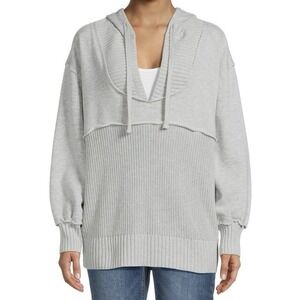 Women's Large Knit Terry Hooded V-Neck Sweater Oversized Athlesiure Casual Gray